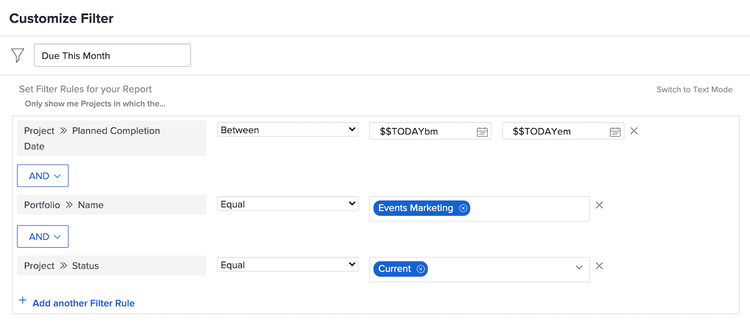 An image of creating a filter with AND statements in Workfront