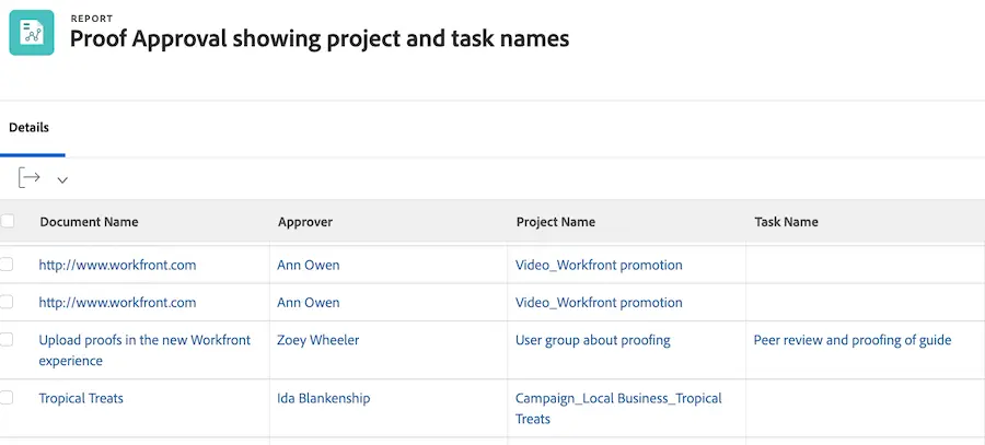A screen image showing the project and task of a proof approval