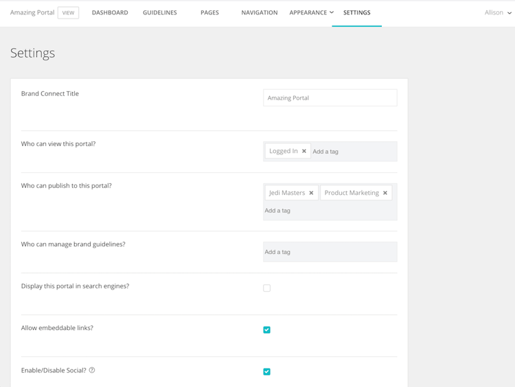 A screenshot of the Brand Connect settings panel