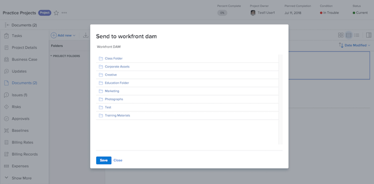 An image of the window showing the folders you have permissions to in Workfront DAM