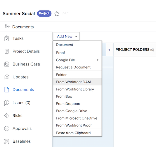 An image of the From Workfront DAM option in the Add New drop-down menu