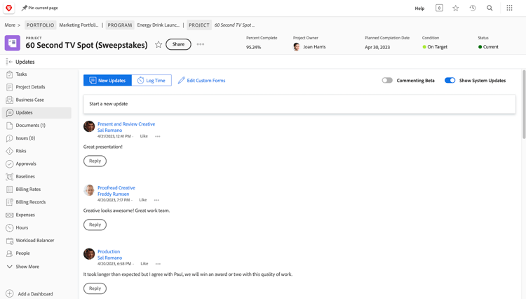 An image of the Updates page