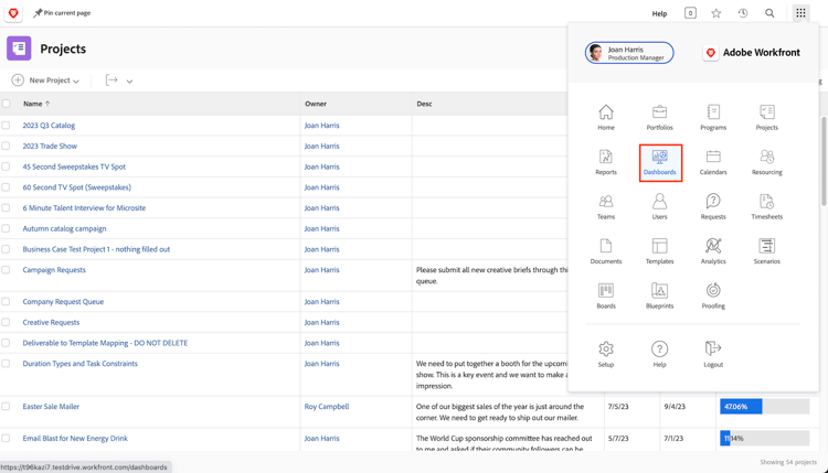 An image of the Dashboards option in the main menu