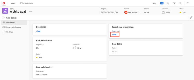 A screenshot of the Goal Details tab