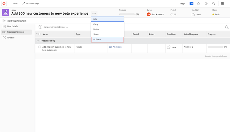 A screenshot showing how to activate a goal.