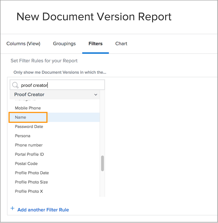 Filters tab in report builder