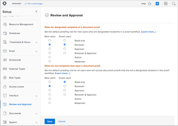 Review and Approval settings in Workfront