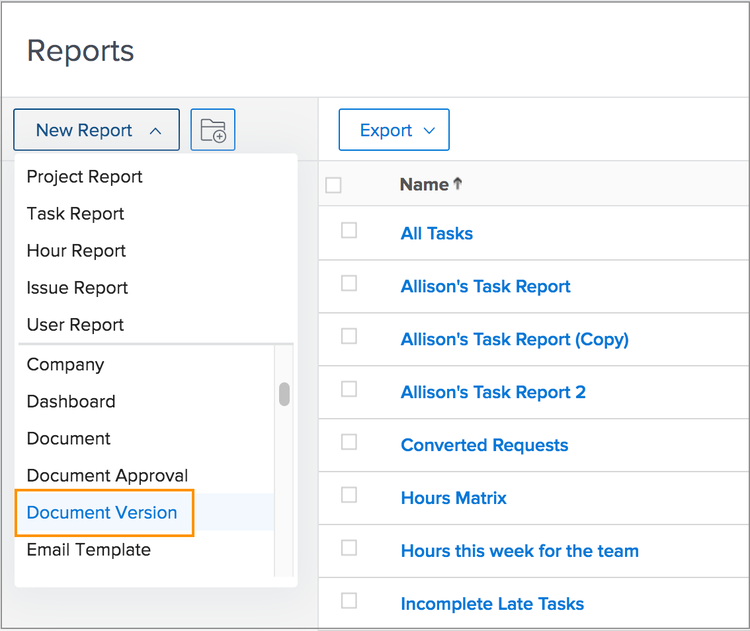 Select Document Version from the New Report drop-down menu