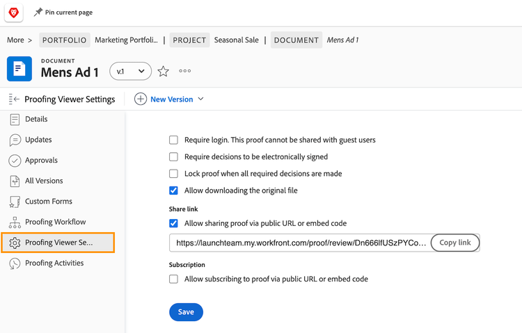 An image of the Proofing Viewer Settings from the proof's page with the Proofing Viewer Settings option highlighted in the left panel menu.