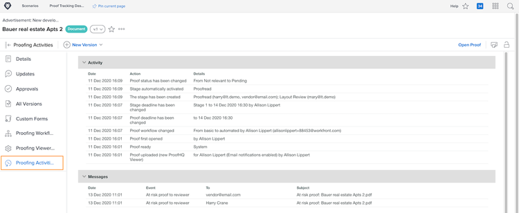 An image of the Proofing Activity section of the proof's page with the Proofing Activity option highlighted in the left panel menu.