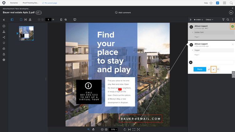 An image of a proof in the proofing viewer with the checkmark icon highlighted on the comment.