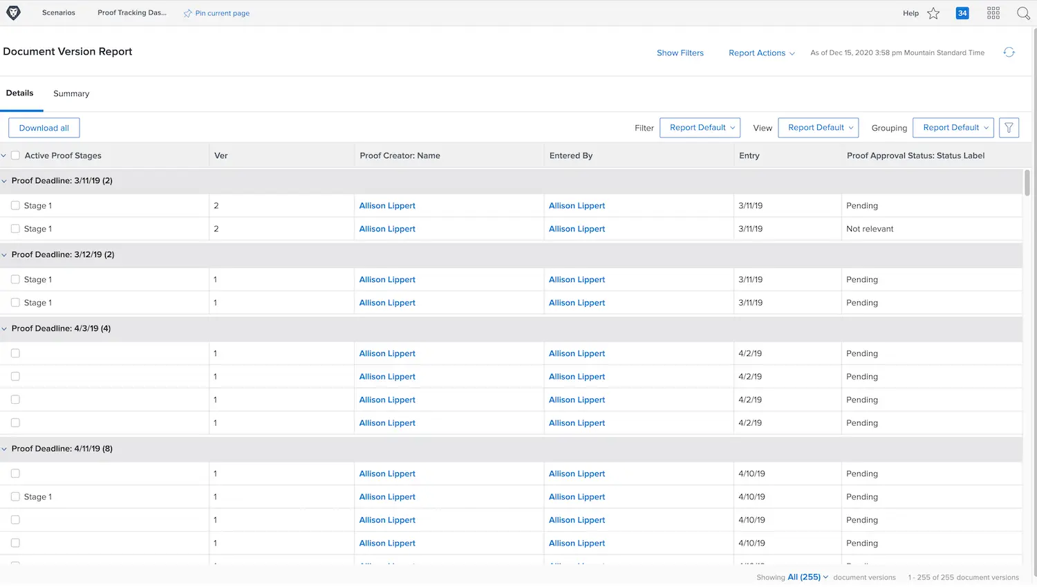 An image of a document version report in Workfront.