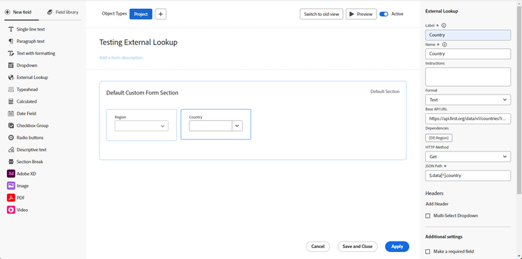 Setup of API call to public API in custom form