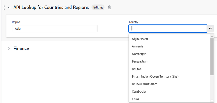 External lookup options for a country based on region