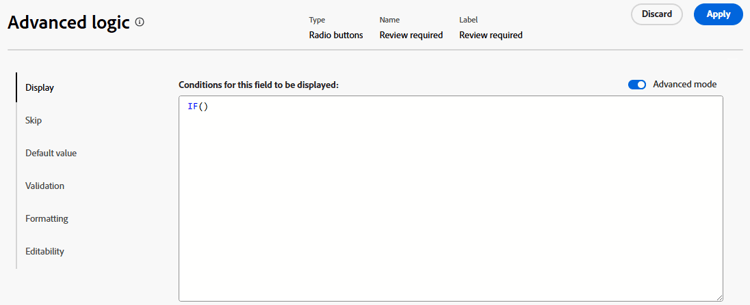 Advanced mode for display logic