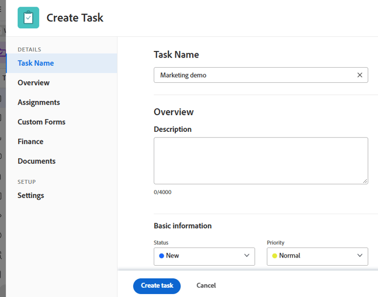 New task dialog