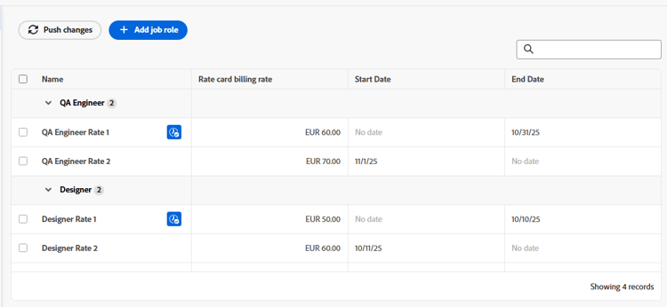 Rate card with rates displayed