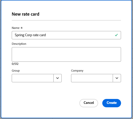 New rate card dialog
