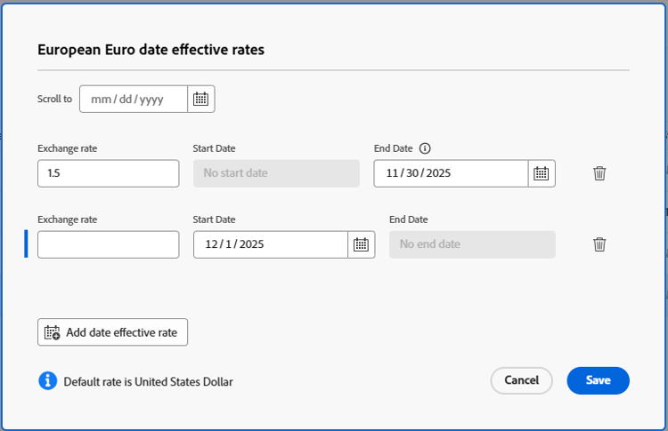 Date effective exchange rates dialog