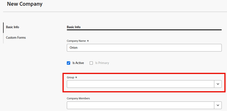 New company dialog with group required