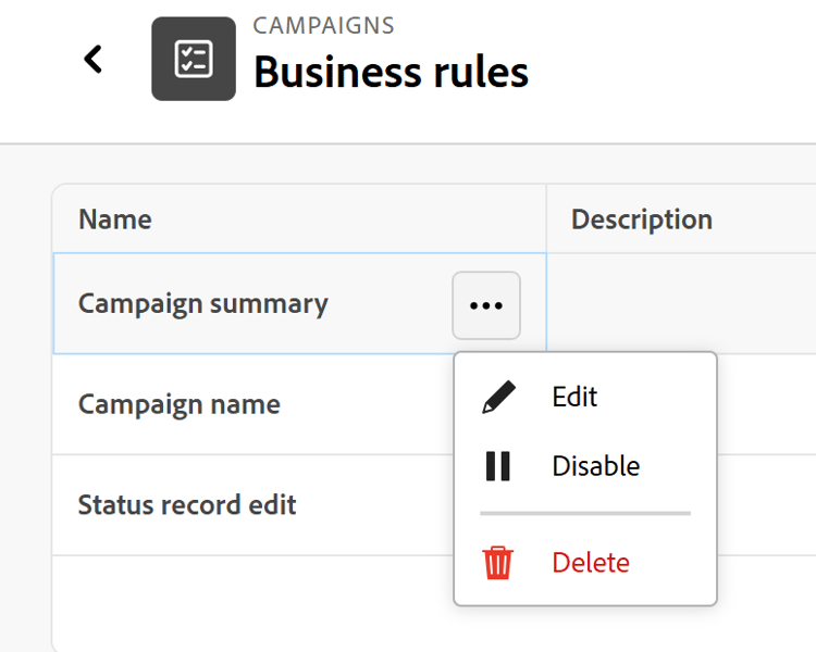 Business rule More menu expanded