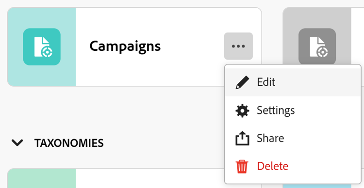 More menu options from record type card with Settings