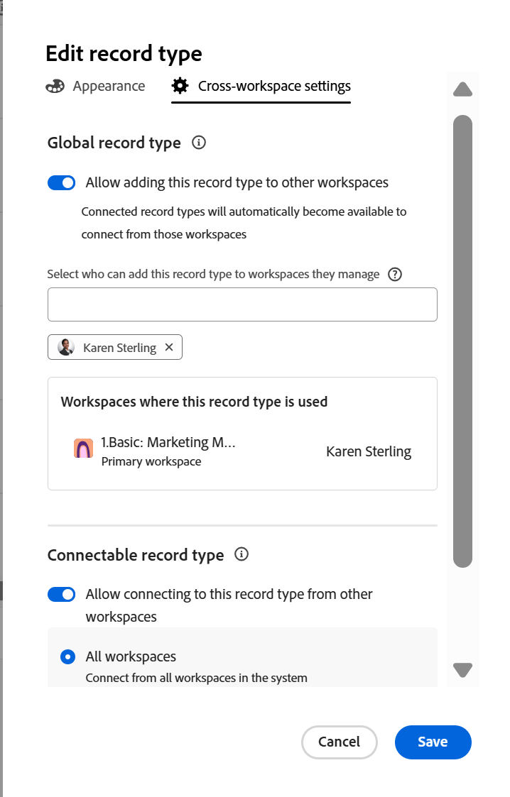Edit record type Cross-workspace settings with Add to other workspaces enabled