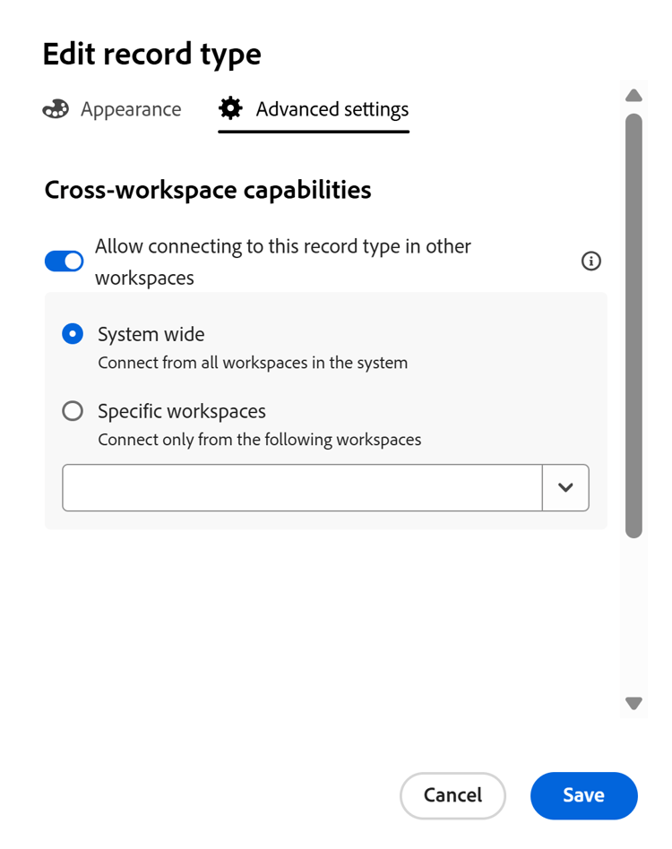 Edit record type box with advanced settings tab