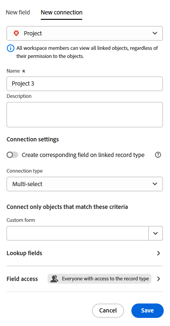Workfront project connection selection
