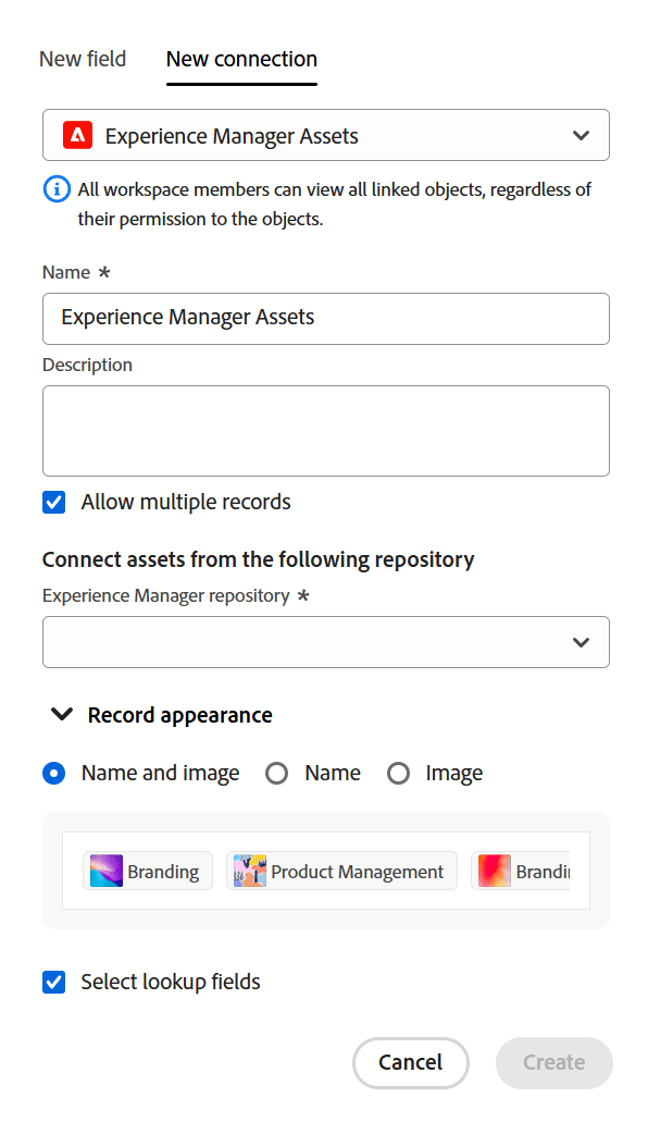 AEM Assets connection selection