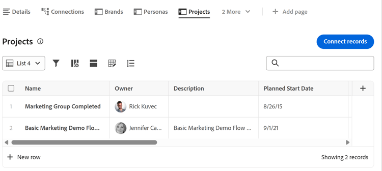 Projects connected page in a list view