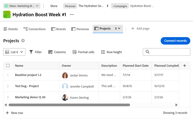 Projects table view in connected records page