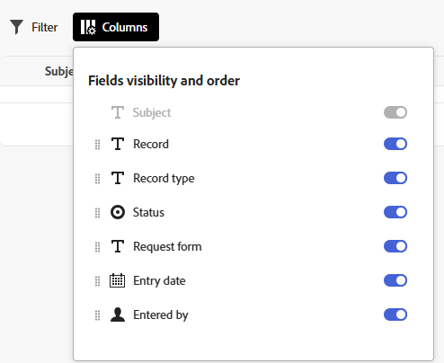Columns editing box in Requests area