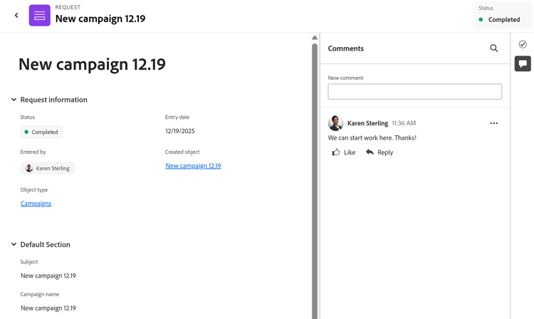 Request page with comment