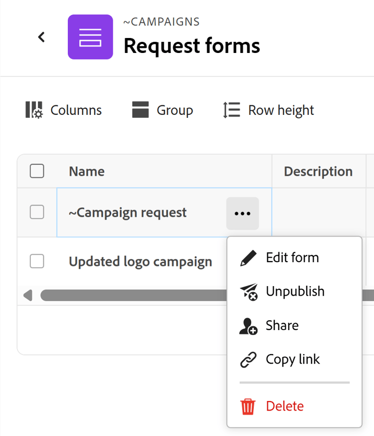 More menu on request form from request forms list