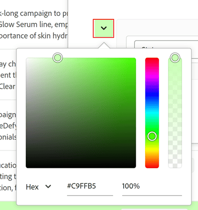Drop-down color picker menu in Row colors box highlighted