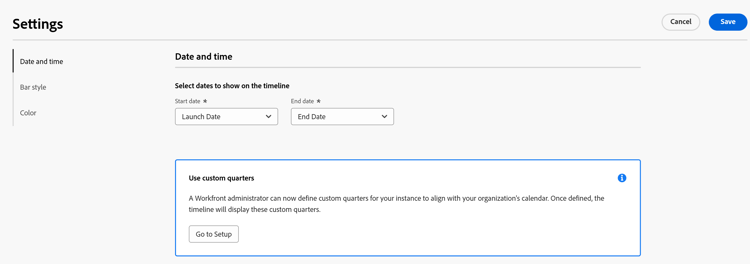 Use custom quarters warning inside timeline view settings