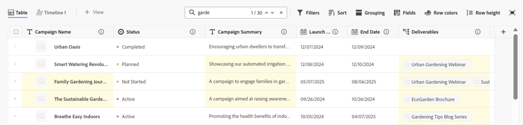 Search box with results blue outline in table view