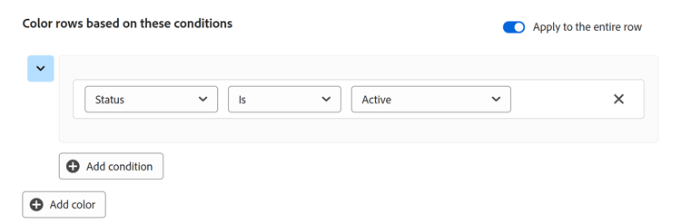 Row colors box with Active status selected and default color choice