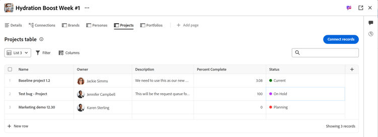 Projects on connected records page in list view