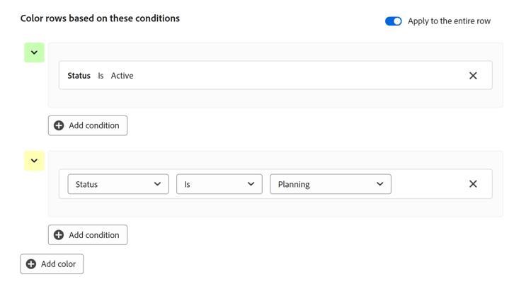 Row colors box with Active and Planning status cusrom colors