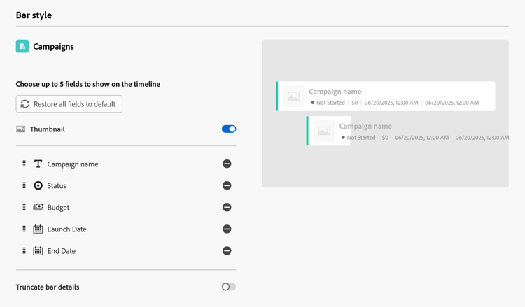 Record details panel timeline settings with preview