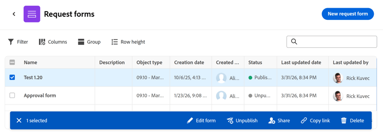 Actions bar in Planning requests list