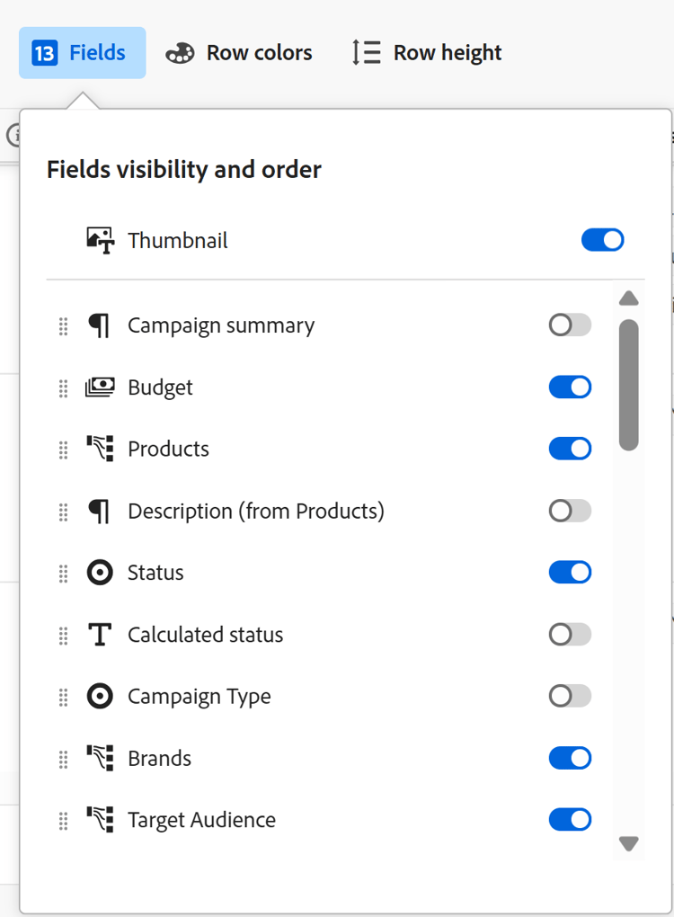 Fields setting table view toolbar expanded