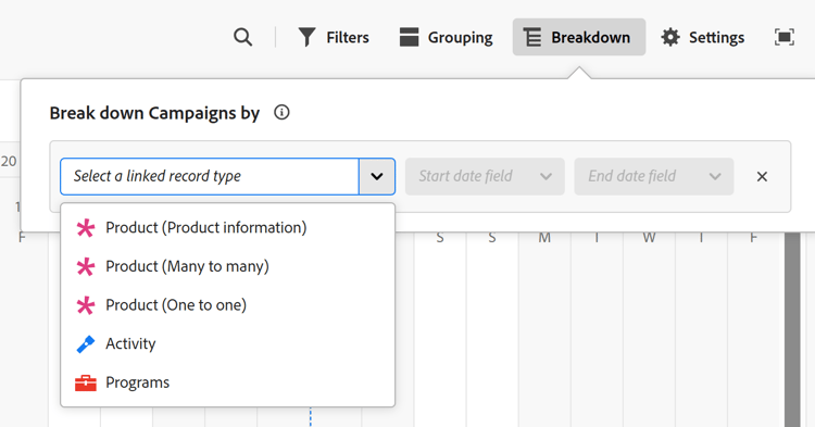 Breakdown picker and button on timeline view
