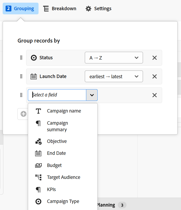 Grouping UI timeline view with linked fields
