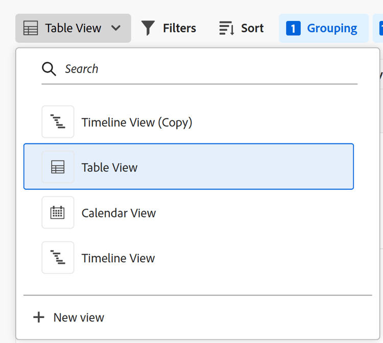 View types drop-down from record type list