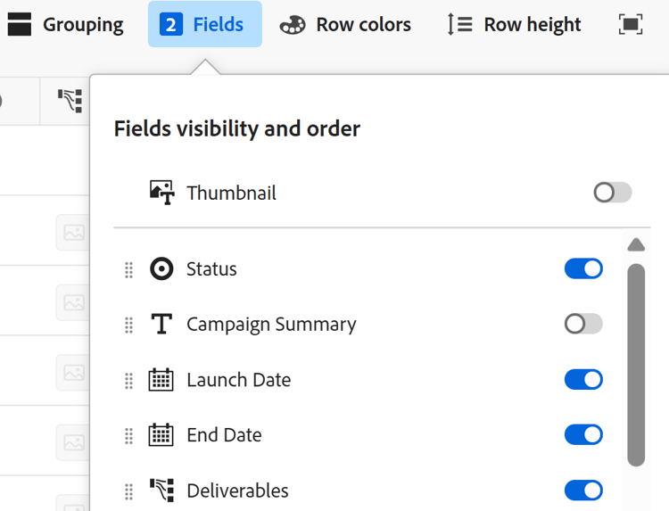 Fields setting table view toolbar expanded