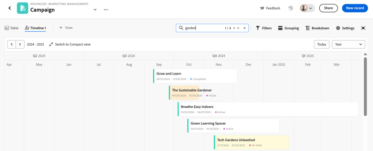 Search box and results timeline view