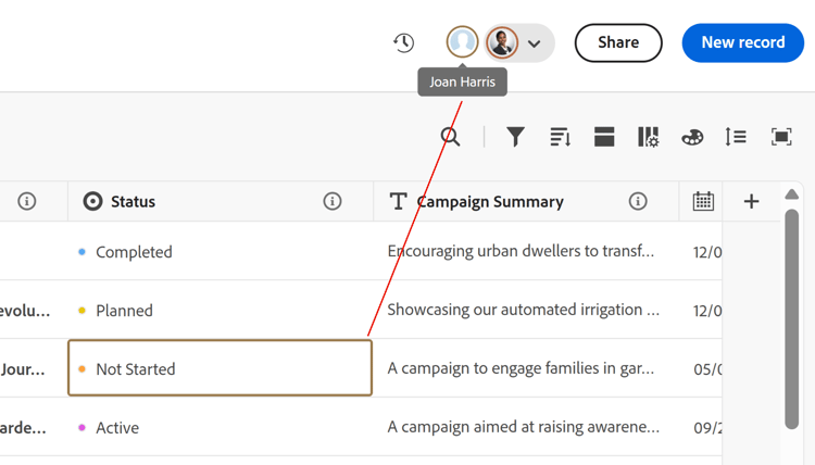 Real-time indicator table field and avatar connection